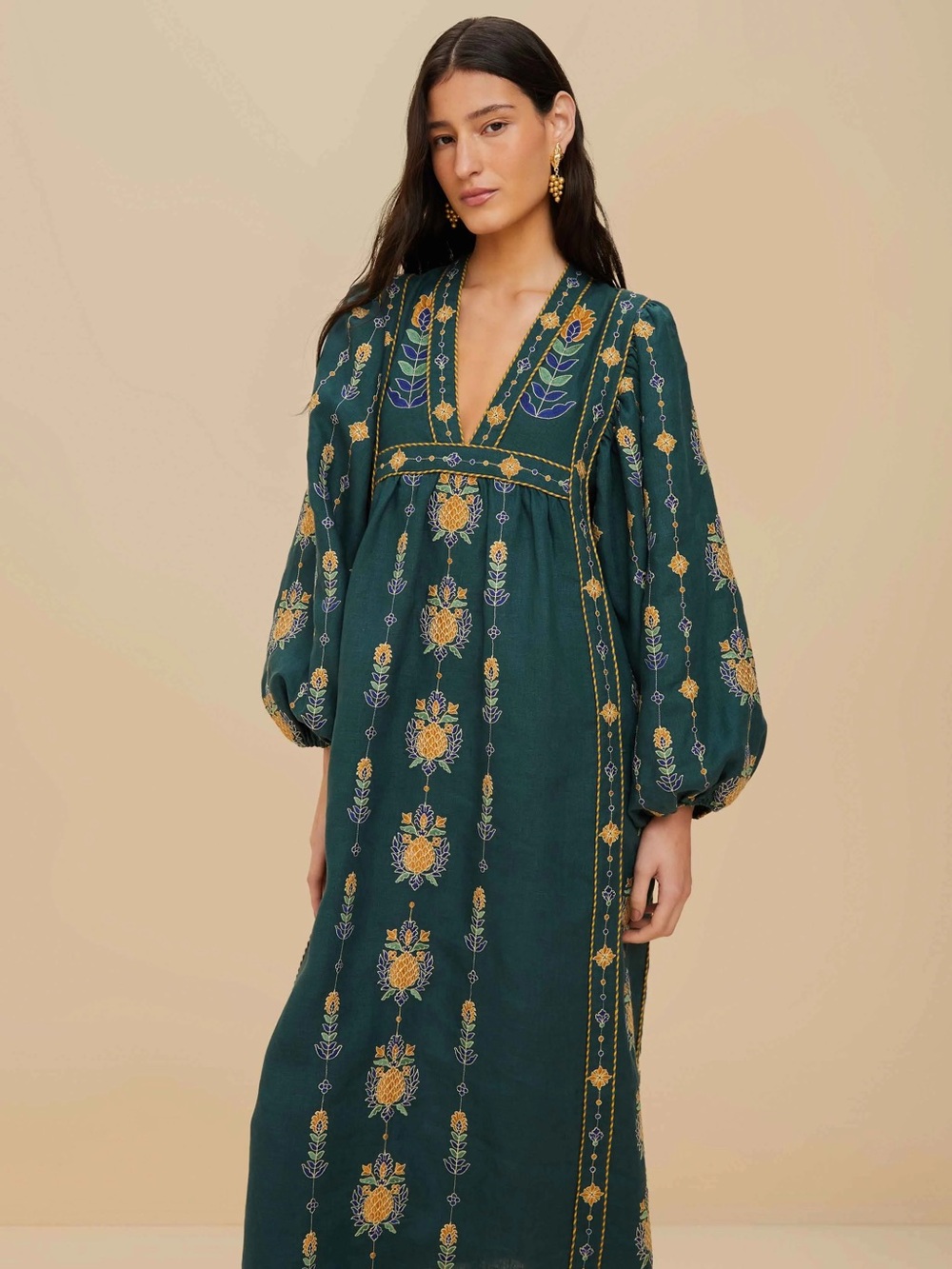 FARM Rio Green Pineapple Embroidered Euroflax™ Premium Linen Tunic Maxi Dress - Picture 2 of 8
